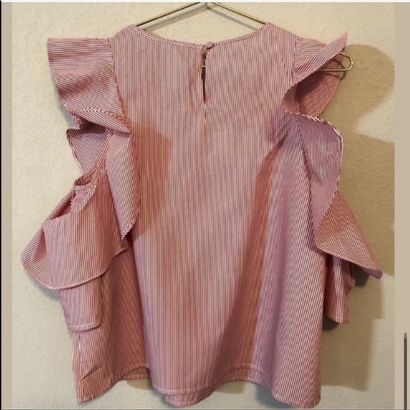Club Monaco cold shoulder ruffle stripe top. - Picture 7 of 11